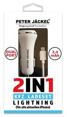 Peter Jäckel USB Car Charger Set 2in1 Dual Port Lightning Weiß 1 Peter Jäckel USB Car Charger Set 2in1 Dual Port Lightning Weiß